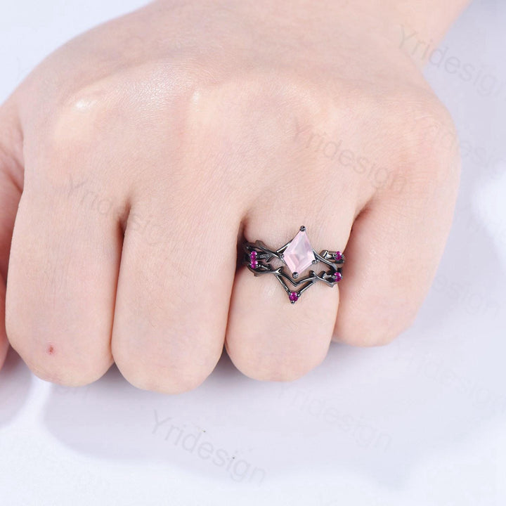 Art Deco Kite Cut Rose Quartz Engagement Ring Set, Black Gold Cluster Pink Touramaline Bridal Wedding Set Branch Leaf Vine Anniverry Ring - PENFINE
