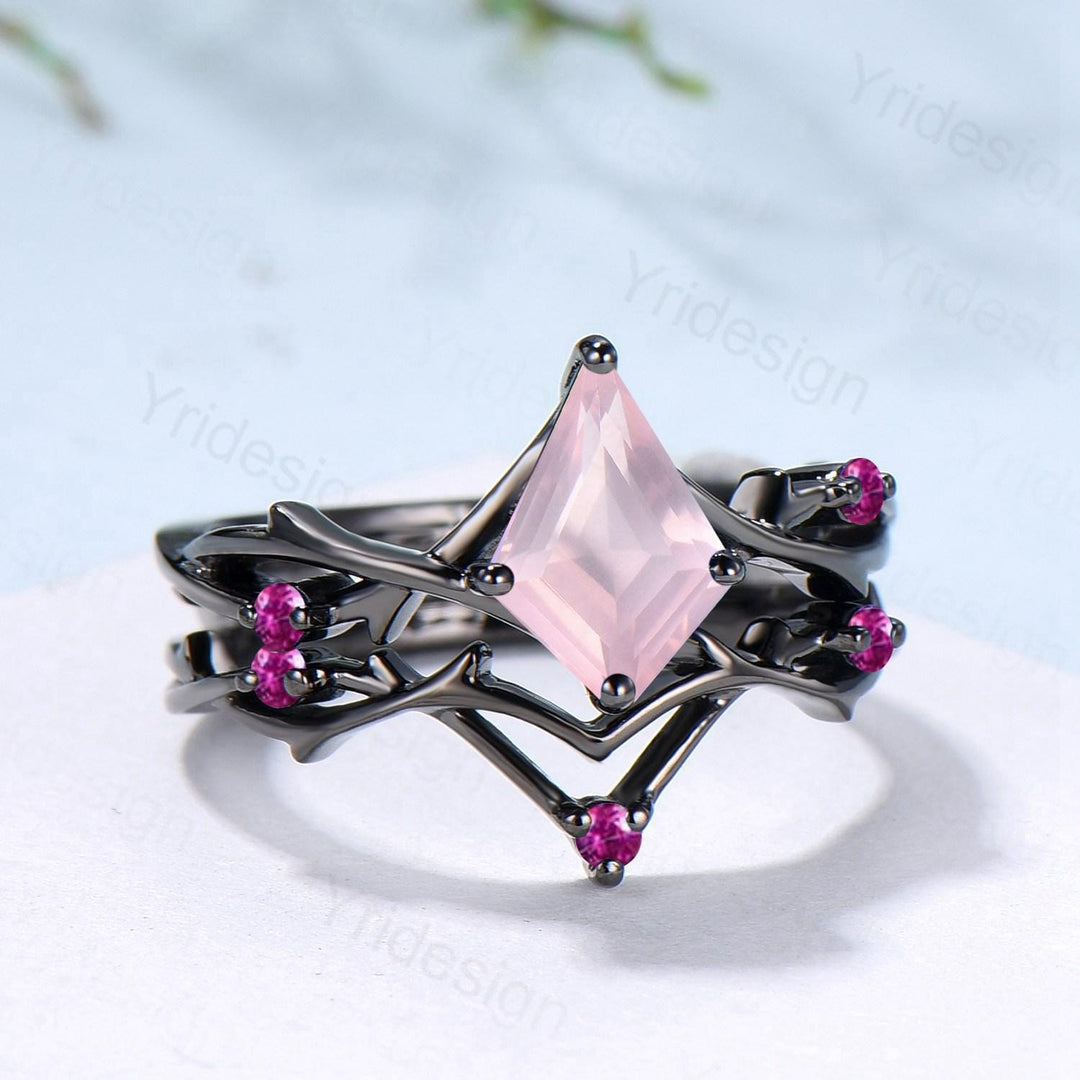 Art Deco Kite Cut Rose Quartz Engagement Ring Set, Black Gold Cluster Pink Touramaline Bridal Wedding Set Branch Leaf Vine Anniverry Ring - PENFINE