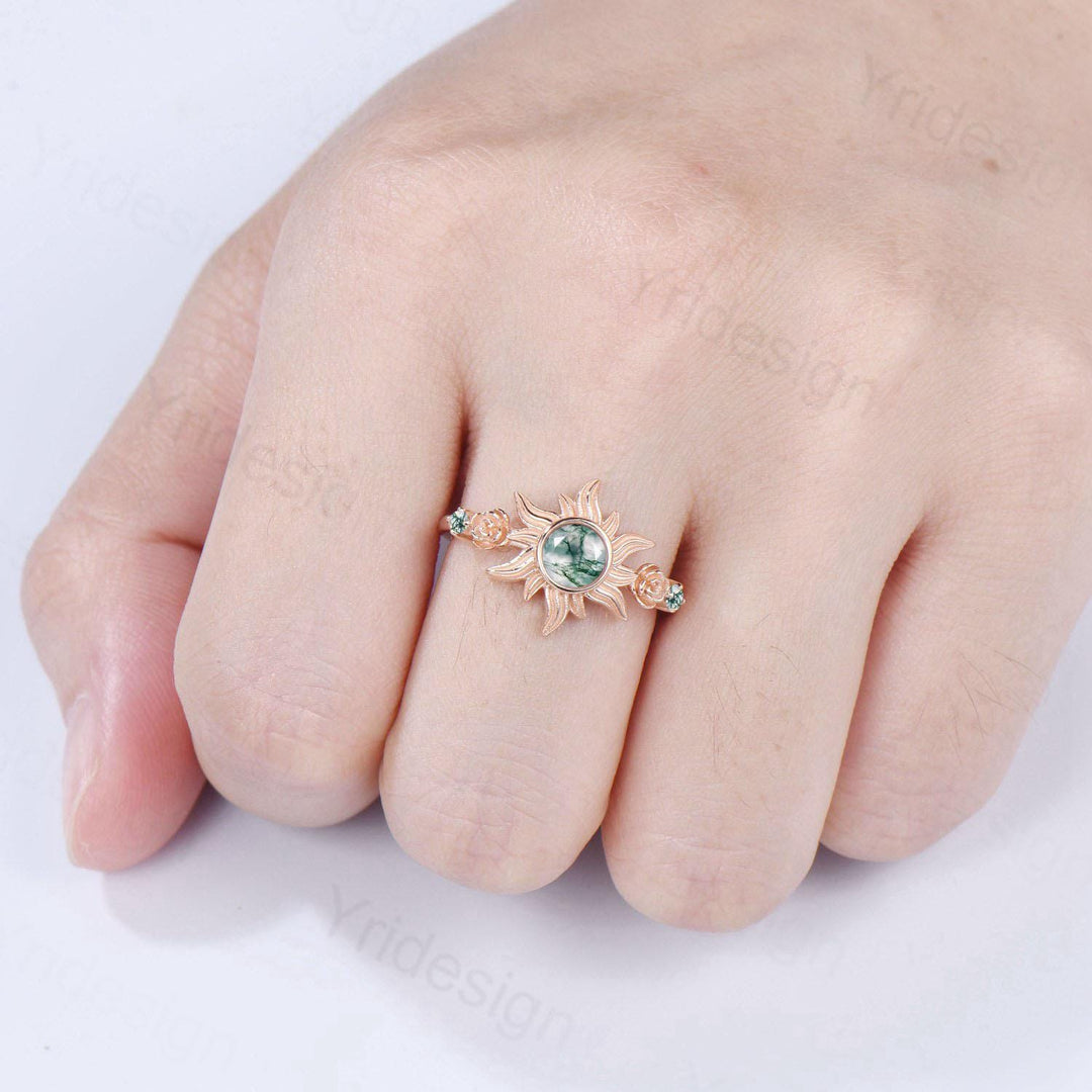 Unique Sunflower Moss Agate Engagement Ring 14K Rose Gold Garden Floral Tiny Rose Accents Nature Inspired Floral Anniversary Ring for Women - PENFINE