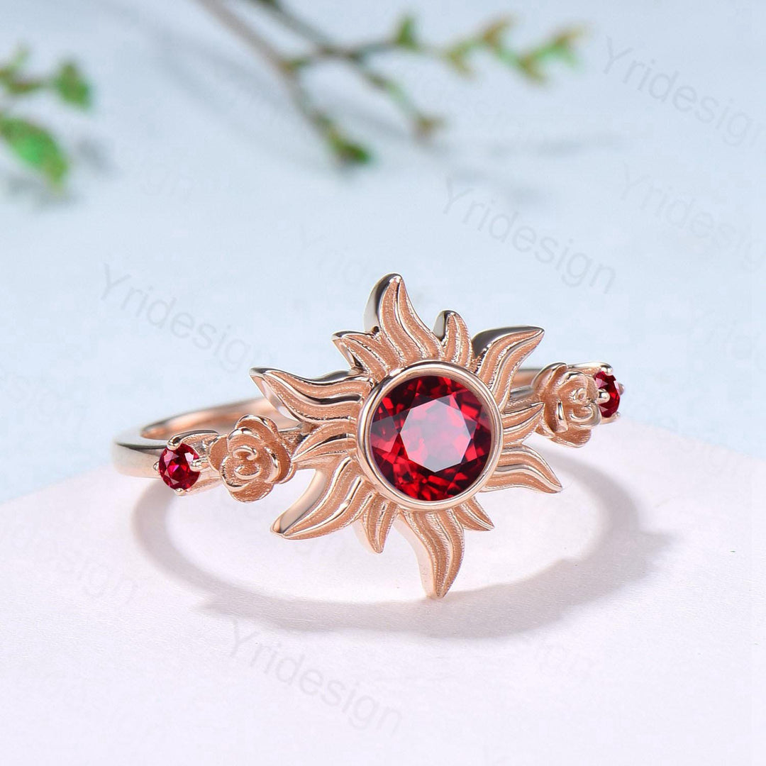 Floral Sunflower Ruby Engagement Ring 14K Rose Gold Garden Inspired Wedding Ring  Tiny Rose Accents July Birthstone Anniversary Ring Women - PENFINE