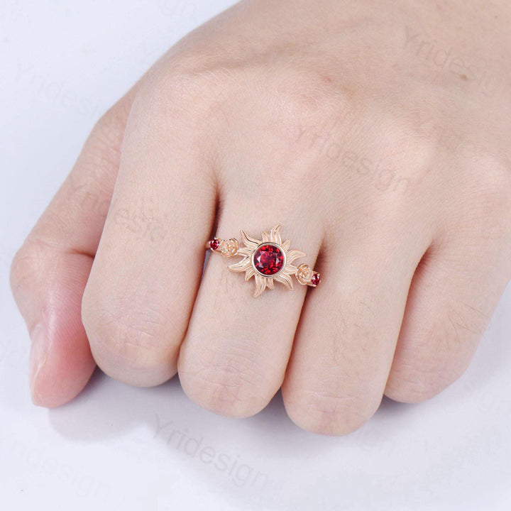 Floral Sunflower Ruby Engagement Ring 14K Rose Gold Garden Inspired Wedding Ring  Tiny Rose Accents July Birthstone Anniversary Ring Women - PENFINE