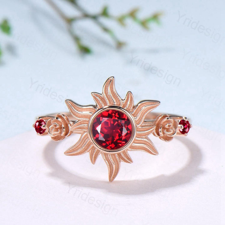 Floral Sunflower Ruby Engagement Ring 14K Rose Gold Garden Inspired Wedding Ring  Tiny Rose Accents July Birthstone Anniversary Ring Women - PENFINE