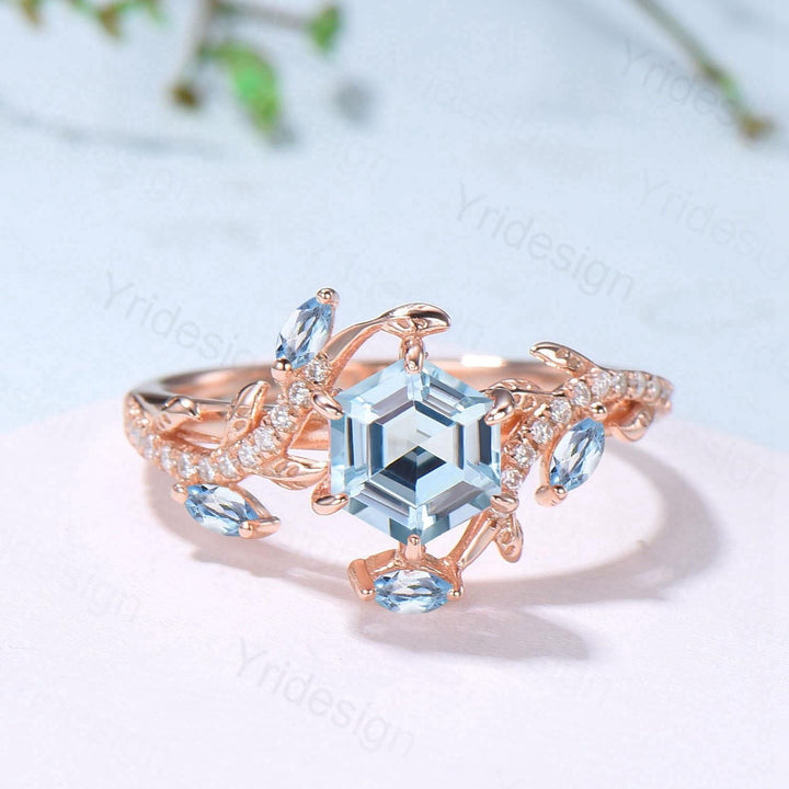 Natural Inspired Aquamarine Engagement Ring Rose Gold Entangled Vines Snake Bridal Wedding Ring March Birthstone Promise Gifts For fiancee - PENFINE