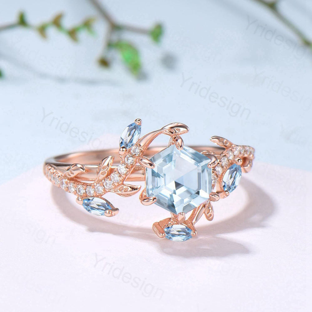 Natural Inspired Aquamarine Engagement Ring Rose Gold Entangled Vines Snake Bridal Wedding Ring March Birthstone Promise Gifts For fiancee - PENFINE