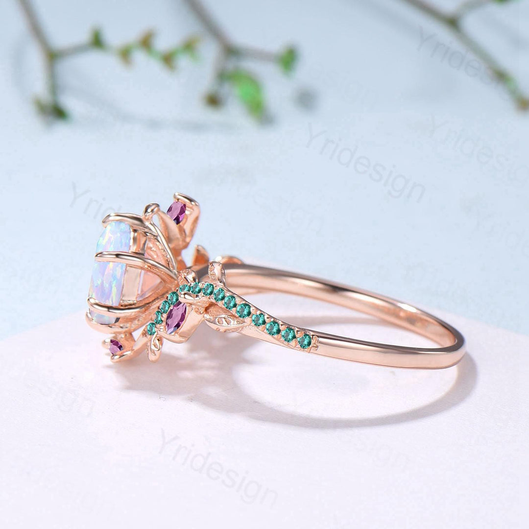 Elegant Opla Ring Nature Inspired Fire White Opal Engagement Ring Entangled Vines Emerlad Amethyst Snake Bridal Wedding Ring Promise Gifts - PENFINE