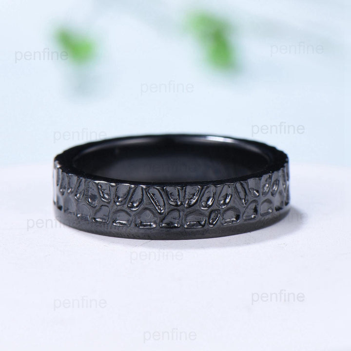 5mm Hammer Men's Wedding Ring Black Gold Baguette Fire White Opal Men Wedding Band Unique Birthday Stacking Matching Band Retro Vintage Gift - PENFINE