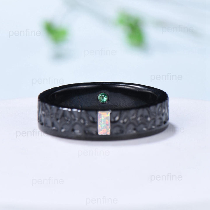 5mm Hammer Men's Wedding Ring Black Gold Baguette Fire White Opal Men Wedding Band Unique Birthday Stacking Matching Band Retro Vintage Gift - PENFINE