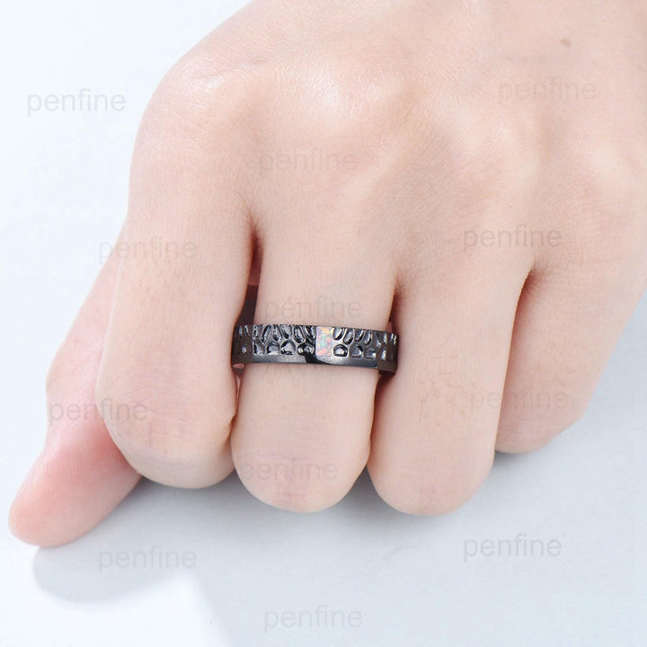 5mm Hammer Men's Wedding Ring Black Gold Baguette Fire White Opal Men Wedding Band Unique Birthday Stacking Matching Band Retro Vintage Gift - PENFINE