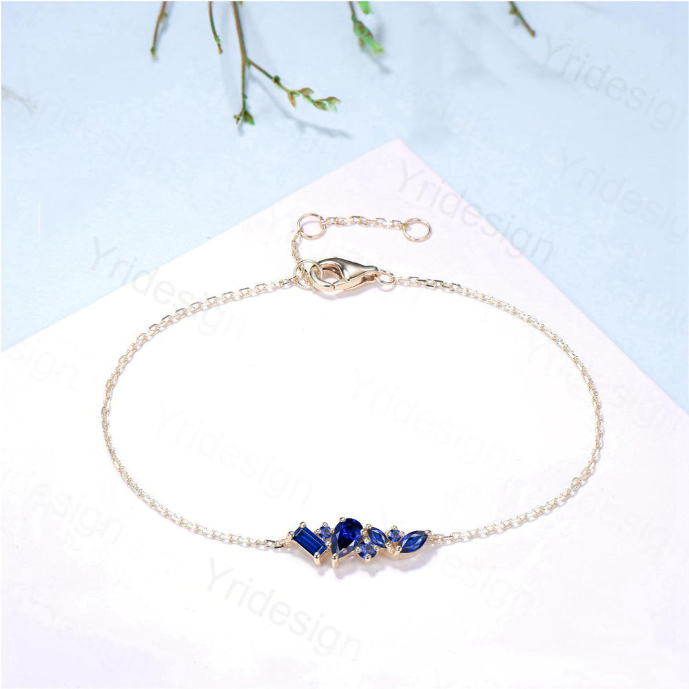 Dainty Pear Shaped Sapphire Bracelet Multi-Stone Baguette Blue Gemstone Lobster Claw Bracelet Silver Gold Art Deco Anniversary Promise Gift - PENFINE