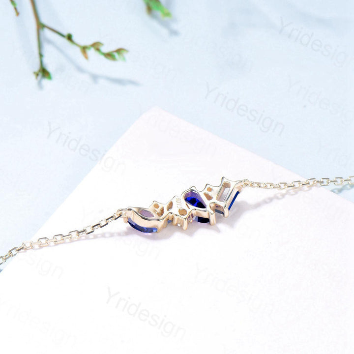 Dainty Pear Shaped Sapphire Bracelet Multi-Stone Baguette Blue Gemstone Lobster Claw Bracelet Silver Gold Art Deco Anniversary Promise Gift - PENFINE