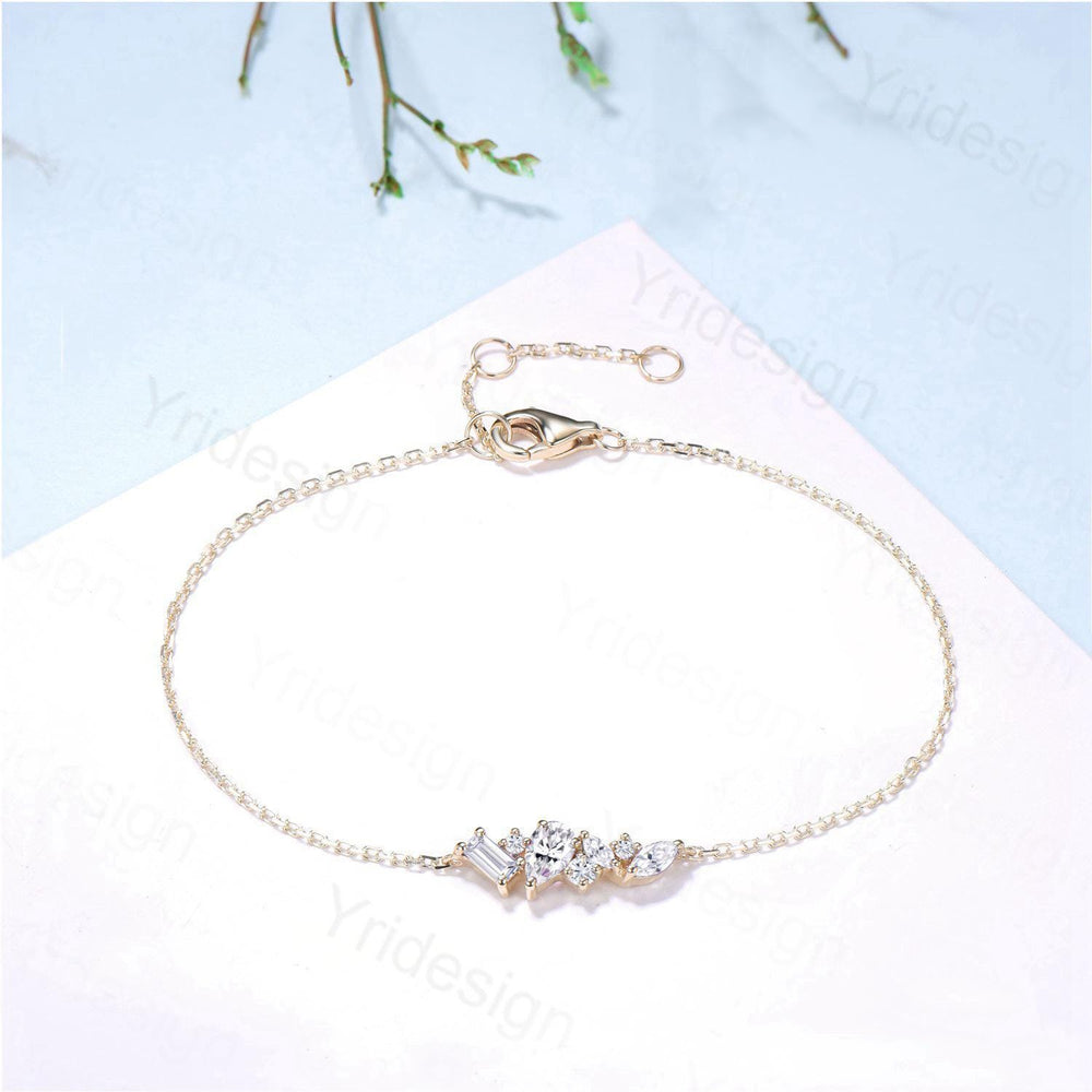 Dainty Pear Shaped Moissanite Bracelet Multi-Stone Baguette Lab Grown Diamond Lobster Claw Bracelet Silver Gold Art Deco Anniversary Gift - PENFINE