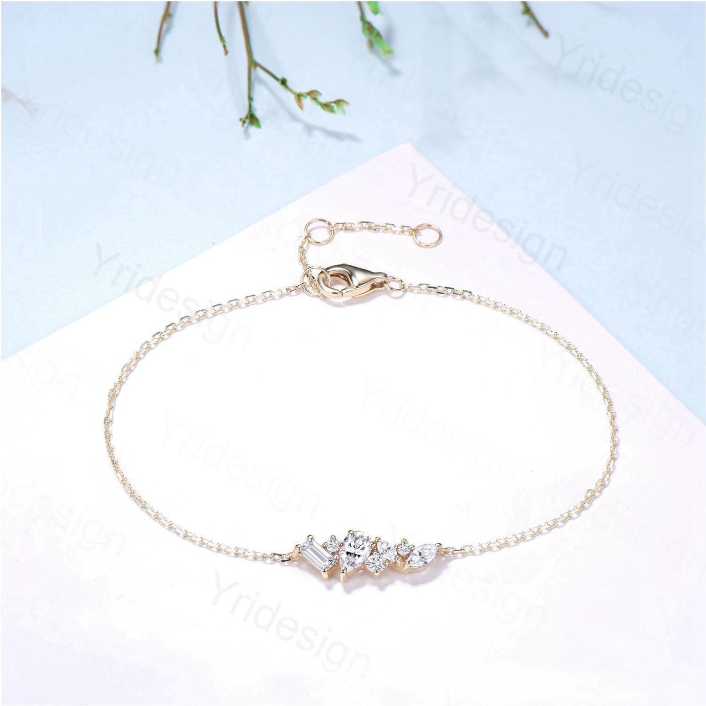 Dainty Pear Shaped Moissanite Bracelet Multi-Stone Baguette Lab Grown Diamond Lobster Claw Bracelet Silver Gold Art Deco Anniversary Gift - PENFINE