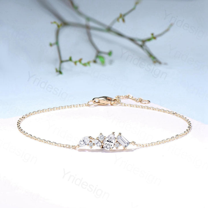 Dainty Pear Shaped Moissanite Bracelet Multi-Stone Baguette Lab Grown Diamond Lobster Claw Bracelet Silver Gold Art Deco Anniversary Gift - PENFINE