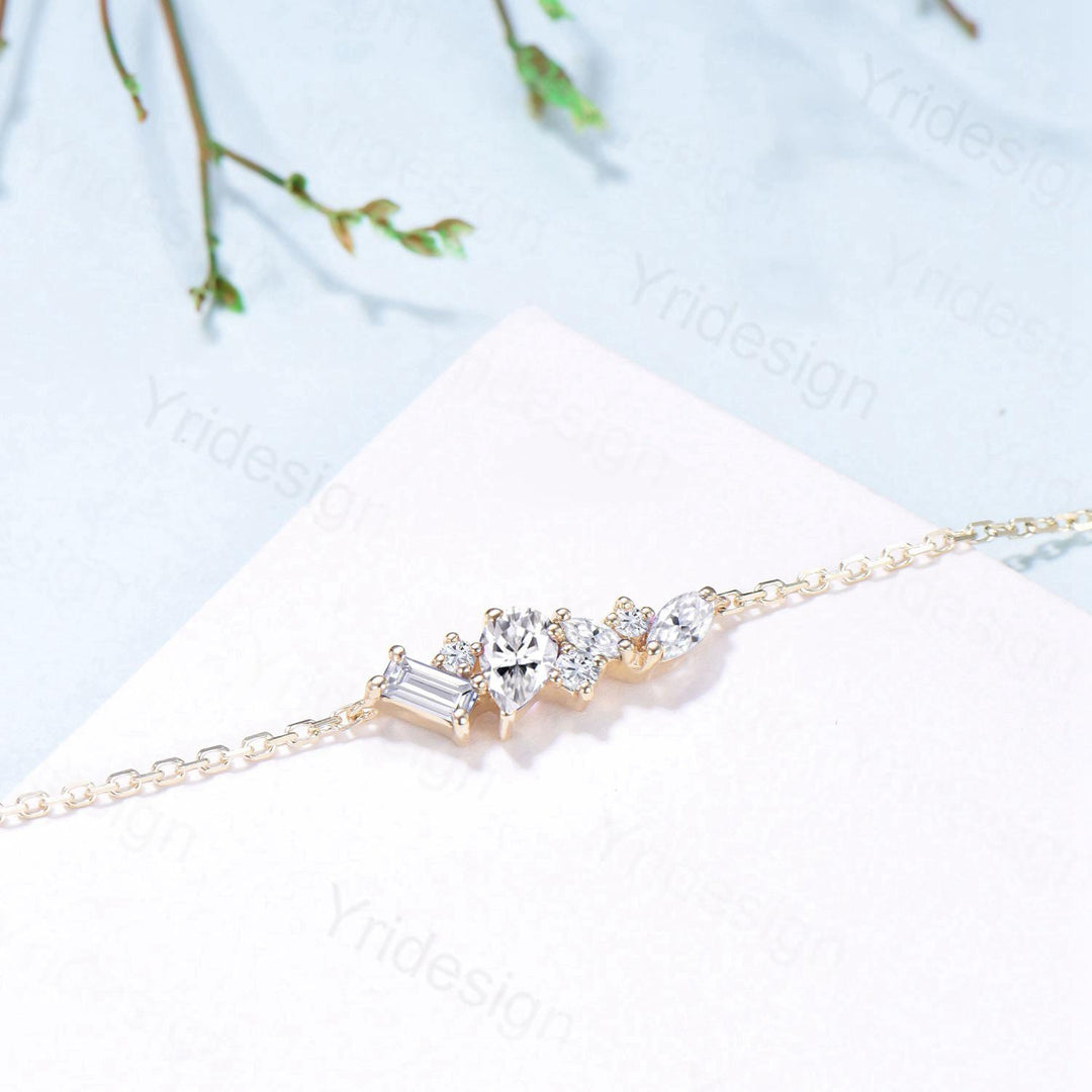 Dainty Pear Shaped Moissanite Bracelet Multi-Stone Baguette Lab Grown Diamond Lobster Claw Bracelet Silver Gold Art Deco Anniversary Gift - PENFINE