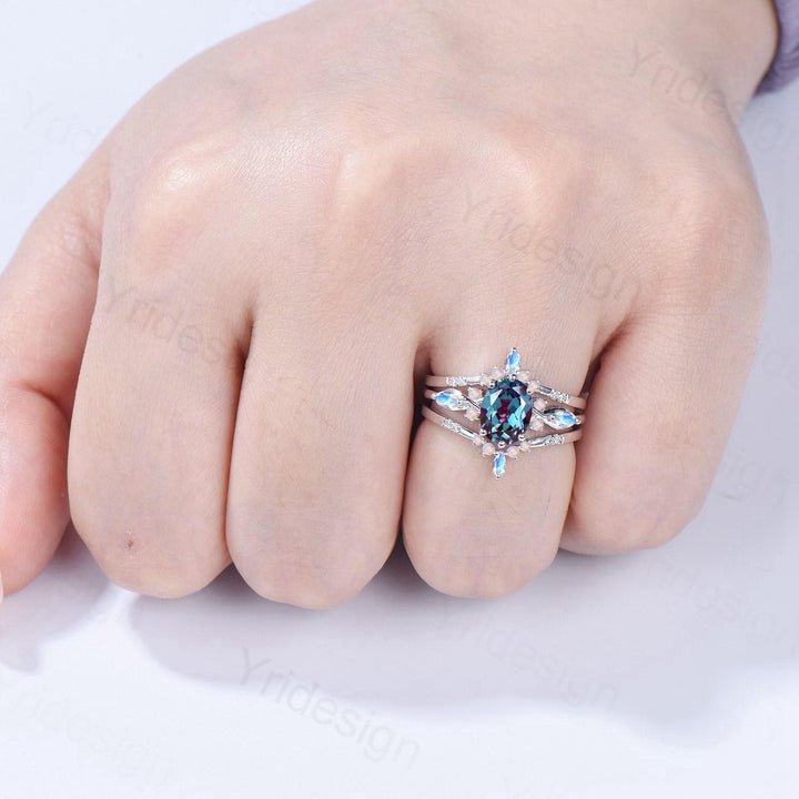 Vintage Oval Cut Alexandrite Engagement Ring Set, Marquise Moonstone Opal Seven Stone Wedding Set, Enhancer Stacking Band, June Birhtstone - PENFINE