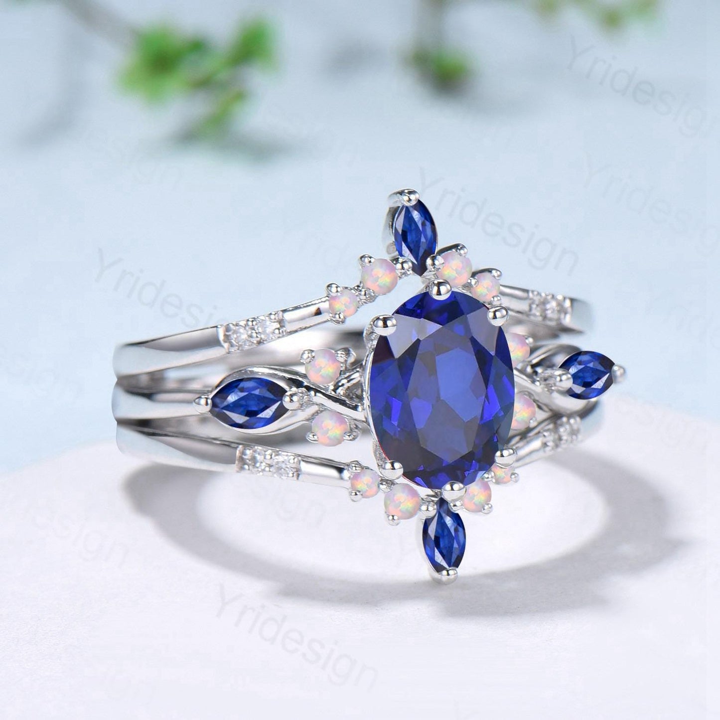 Vintage Oval Cut Sapphire Engagement Ring Set, Marquise Blue Sapphire Opal Seven Stone Wedding Set, Enhancer Stacking Band, Sep Birhtstone - PENFINE