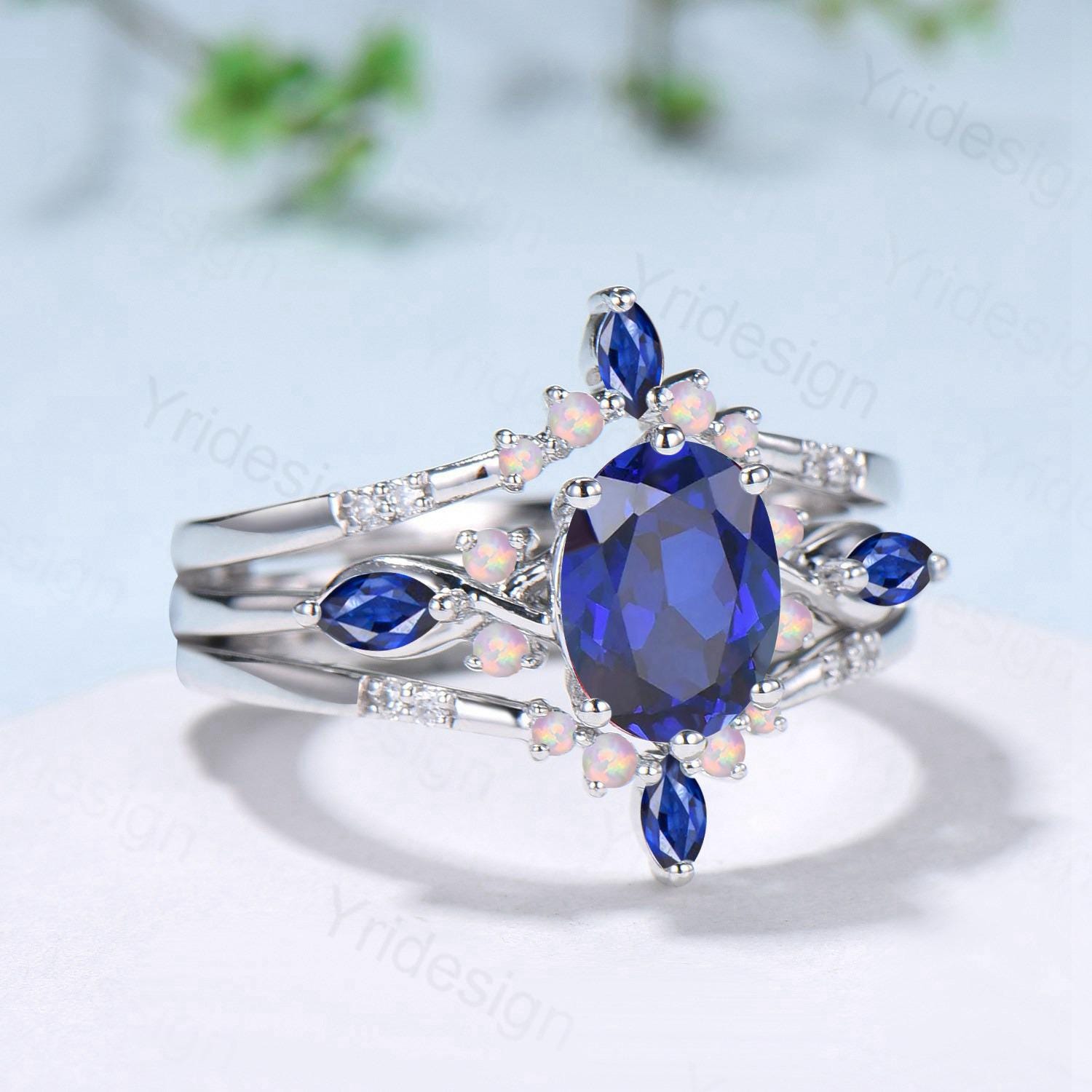 Vintage Oval Cut Sapphire Engagement Ring Set, Marquise Blue Sapphire Opal Seven Stone Wedding Set, Enhancer Stacking Band, Sep Birhtstone - PENFINE