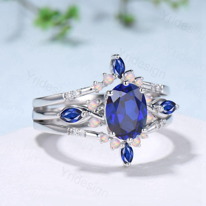 Vintage Oval Cut Sapphire Engagement Ring Set, Marquise Blue Sapphire Opal Seven Stone Wedding Set, Enhancer Stacking Band, Sep Birhtstone - PENFINE