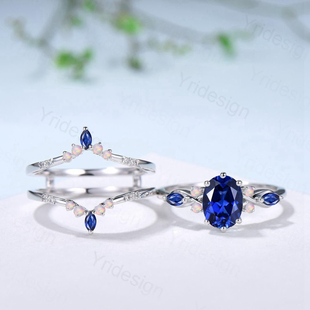 Vintage Oval Cut Sapphire Engagement Ring Set, Marquise Blue Sapphire Opal Seven Stone Wedding Set, Enhancer Stacking Band, Sep Birhtstone - PENFINE