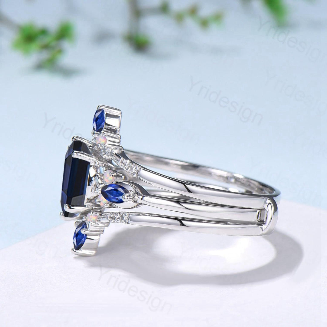 Vintage Oval Cut Sapphire Engagement Ring Set, Marquise Blue Sapphire Opal Seven Stone Wedding Set, Enhancer Stacking Band, Sep Birhtstone - PENFINE