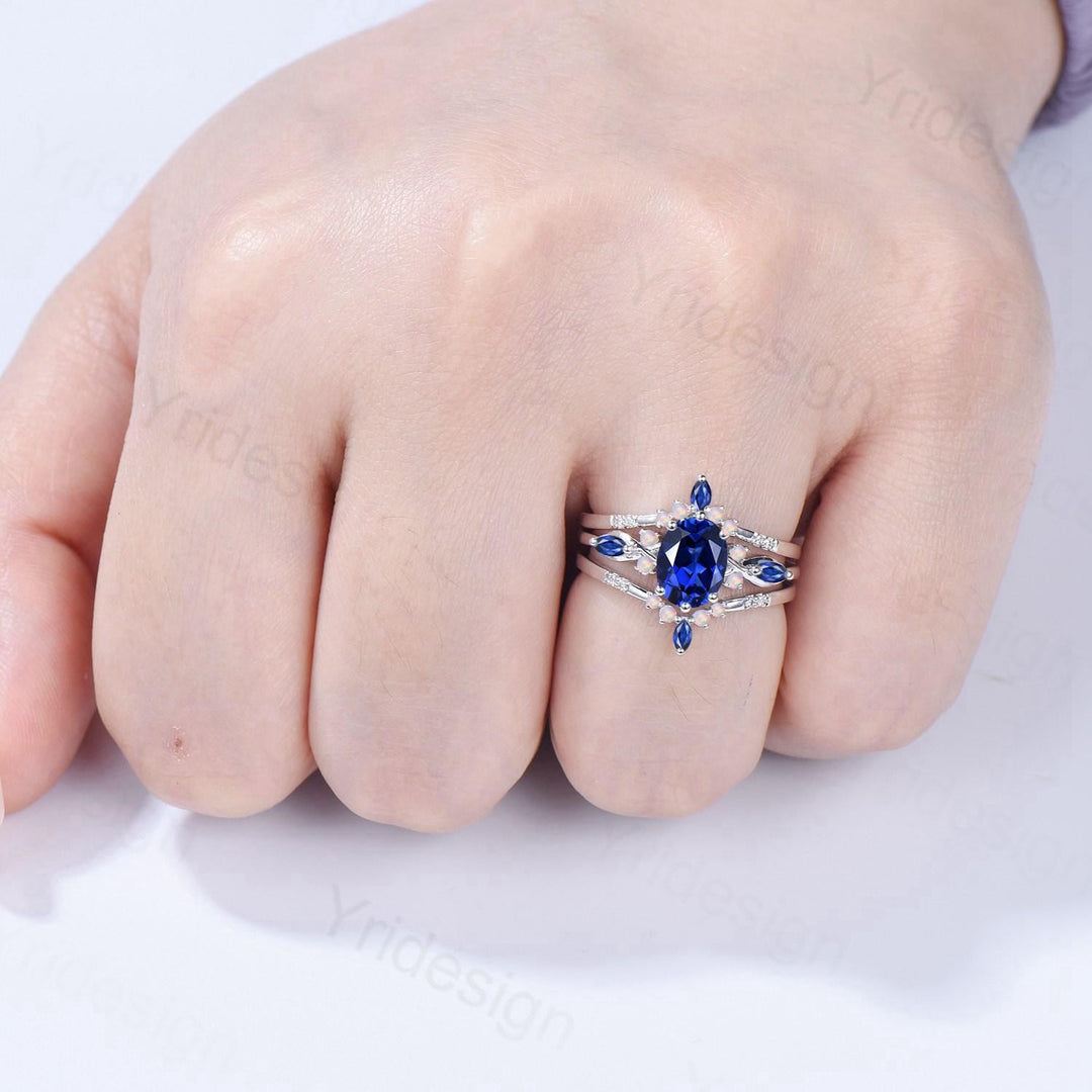 Vintage Oval Cut Sapphire Engagement Ring Set, Marquise Blue Sapphire Opal Seven Stone Wedding Set, Enhancer Stacking Band, Sep Birhtstone - PENFINE