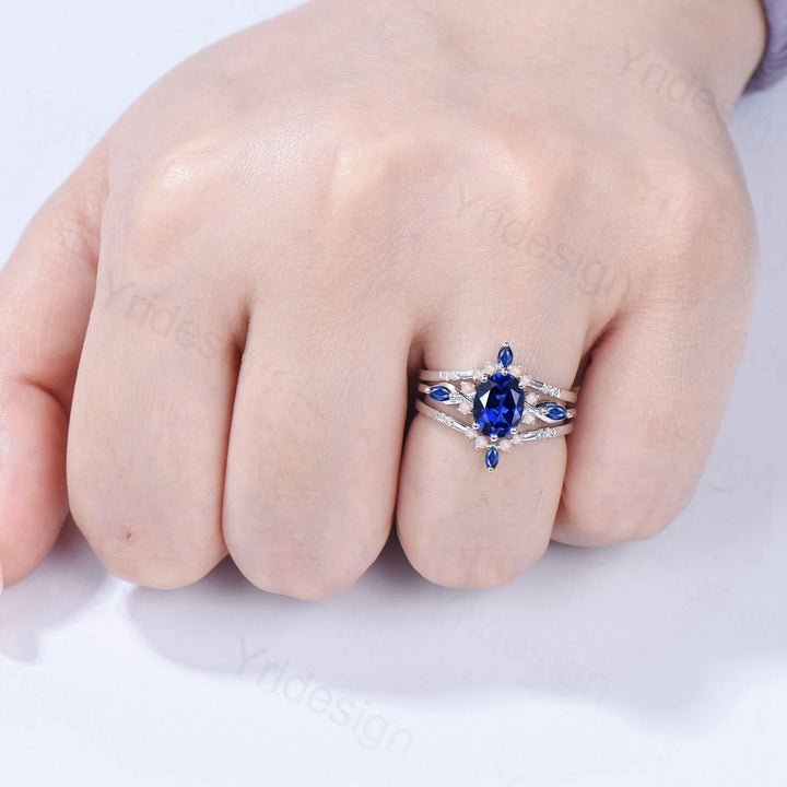 Vintage Oval Cut Sapphire Engagement Ring Set, Marquise Blue Sapphire Opal Seven Stone Wedding Set, Enhancer Stacking Band, Sep Birhtstone - PENFINE