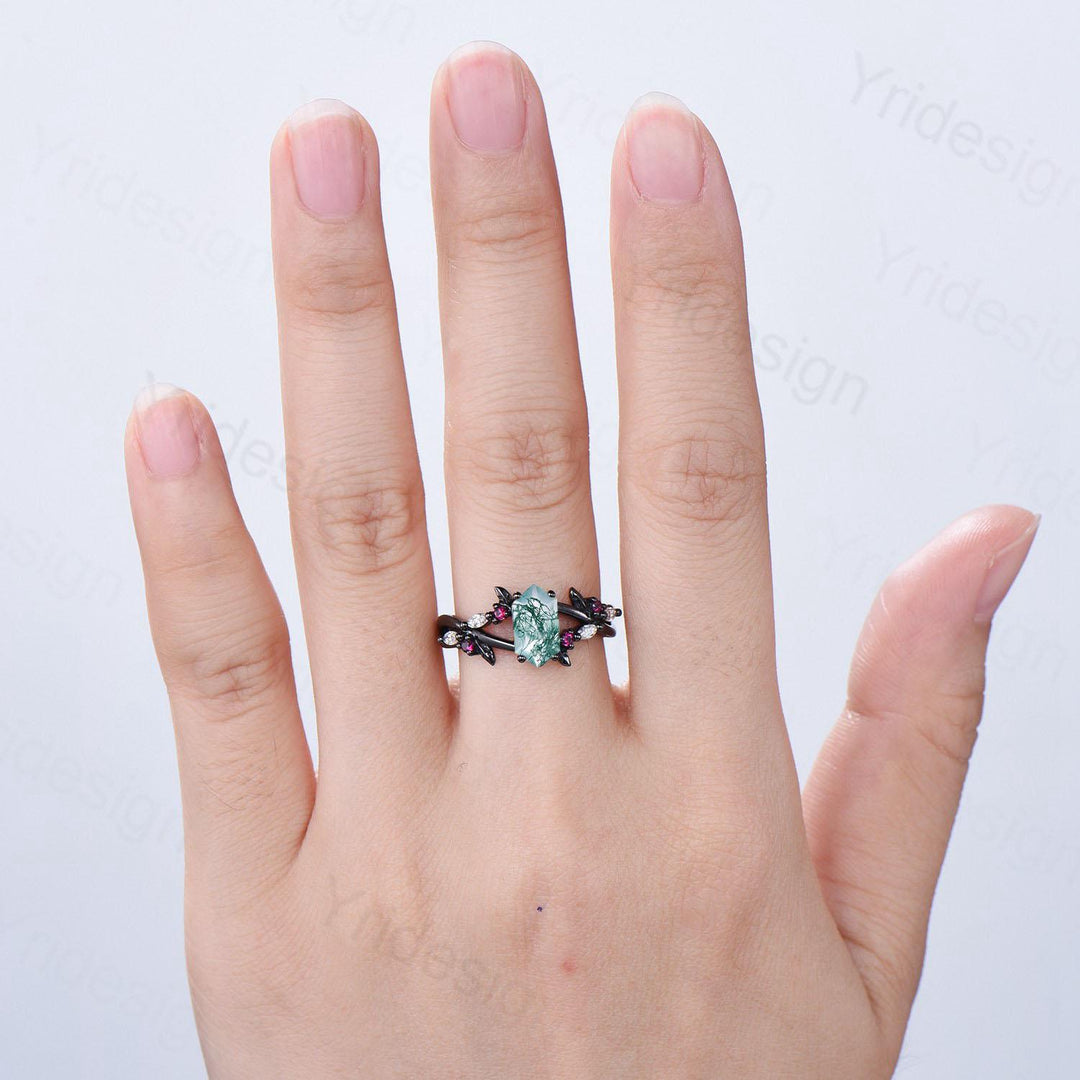 Unique Black Gold Moss Agate Ring Natural Inspired Gothic Long Hexagon Cut Engagement Ring Leaf Vine  Cluster Ruby Split Shank Wedding Ring - PENFINE