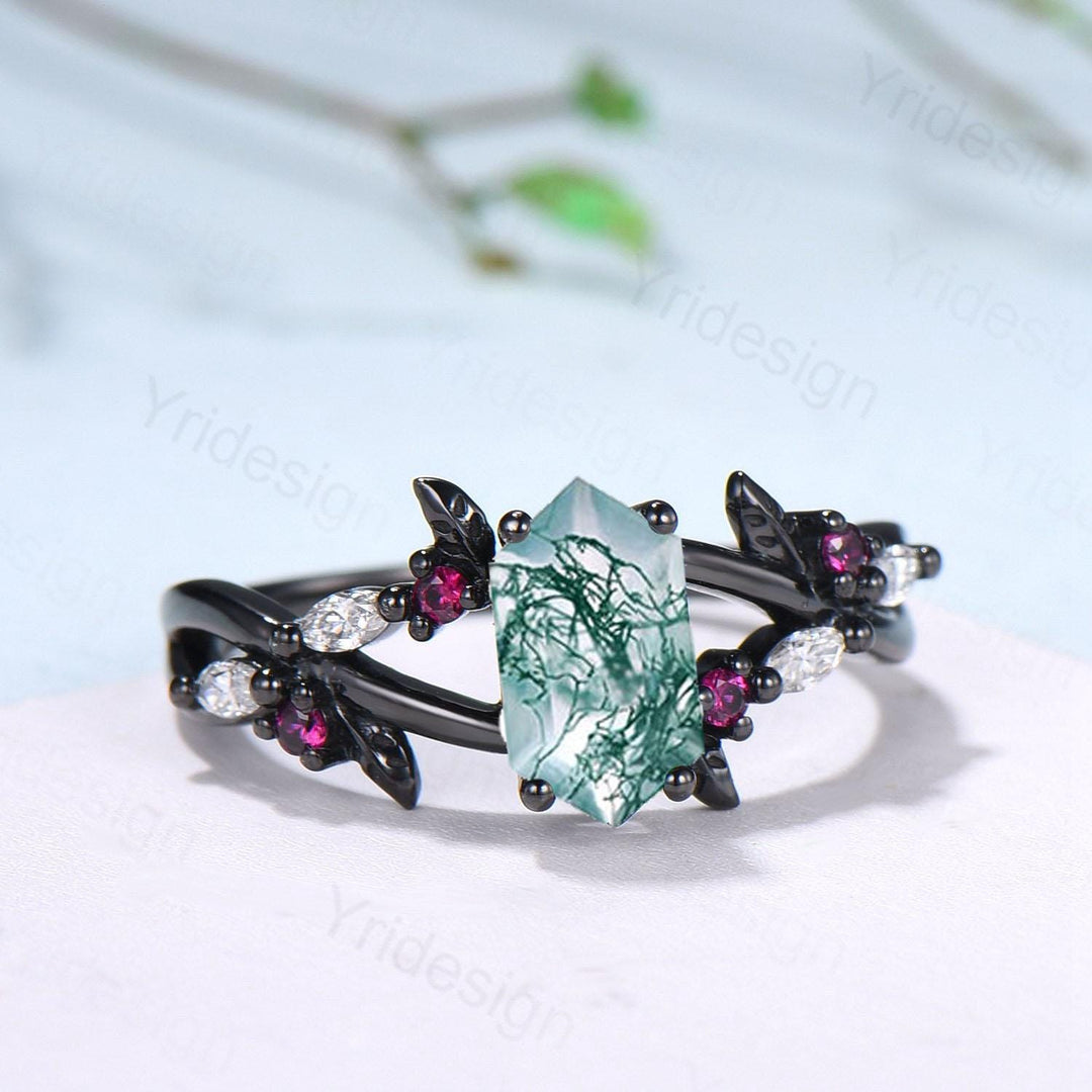 Unique Black Gold Moss Agate Ring Natural Inspired Gothic Long Hexagon Cut Engagement Ring Leaf Vine  Cluster Ruby Split Shank Wedding Ring - PENFINE