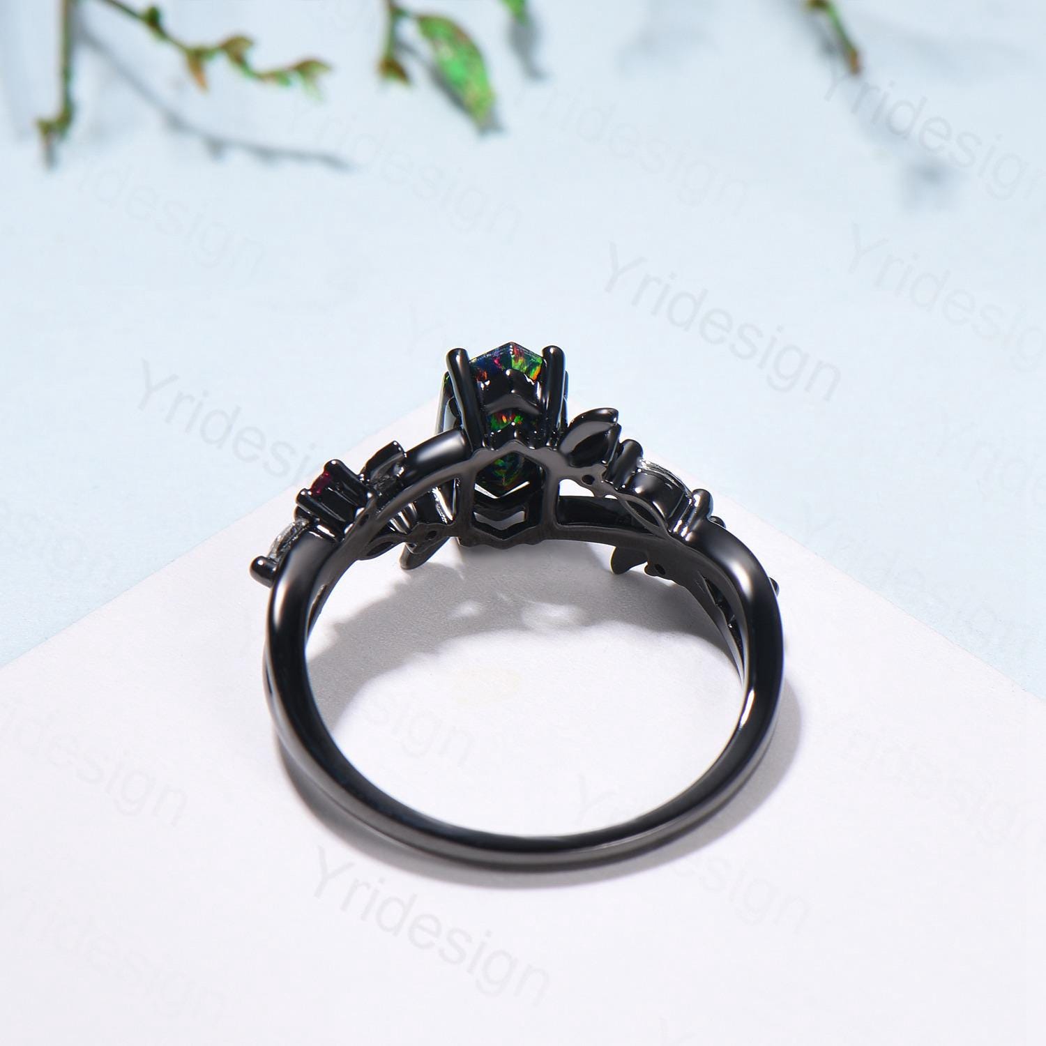 Unique Black Gold Moss Agate Ring Natural Inspired Gothic Long Hexagon Cut Engagement Ring Leaf Vine  Cluster Ruby Split Shank Wedding Ring - PENFINE