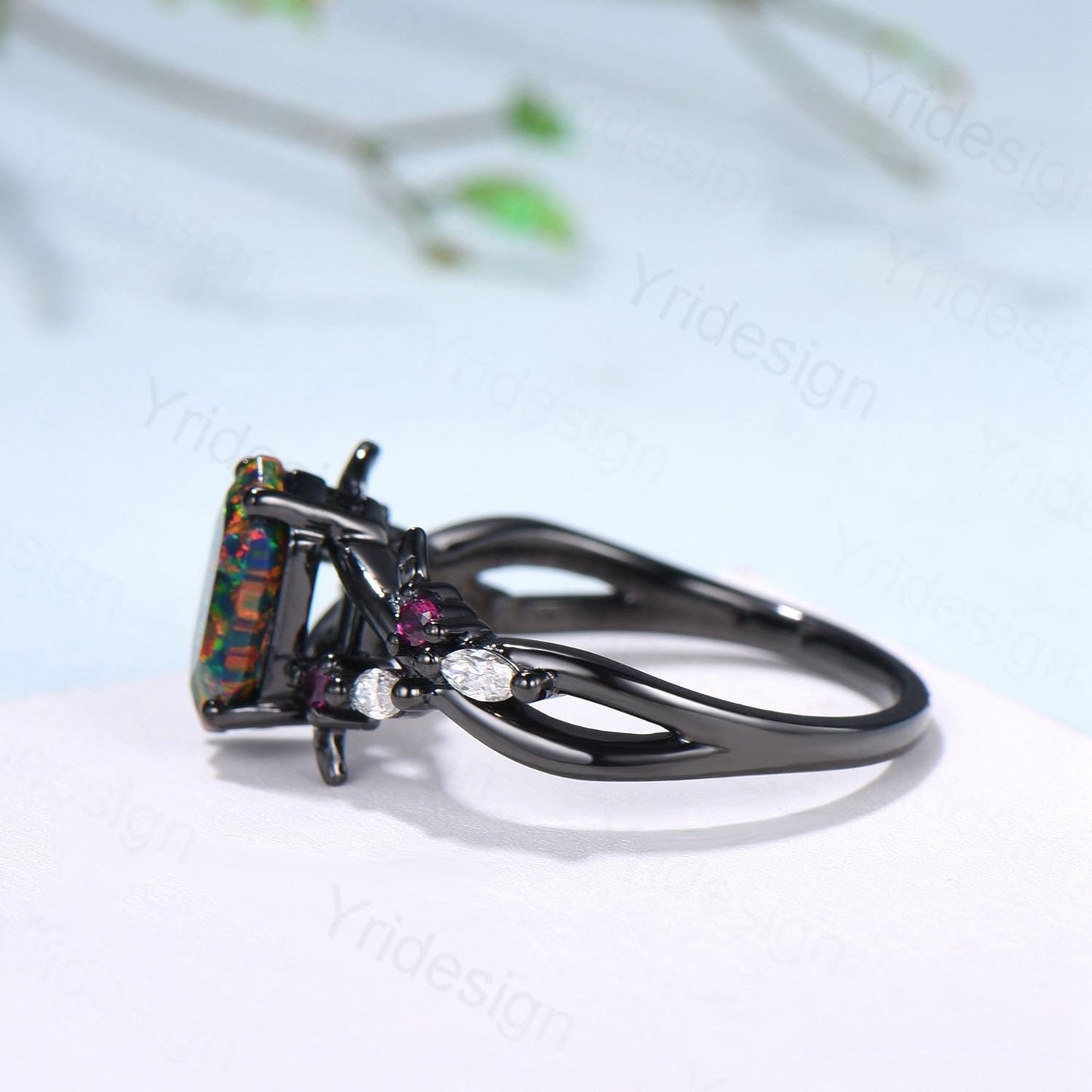 Unique Black Gold Moss Agate Ring Natural Inspired Gothic Long Hexagon Cut Engagement Ring Leaf Vine  Cluster Ruby Split Shank Wedding Ring - PENFINE