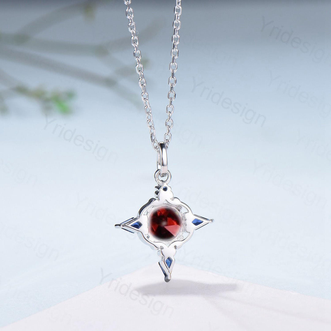 Unique Garnet Sapphire Pendant Necklace Celtic Knot Norse Viking Pendant 14K/18K White Gold Necklace Women Anniversary January Birthday Gift - PENFINE
