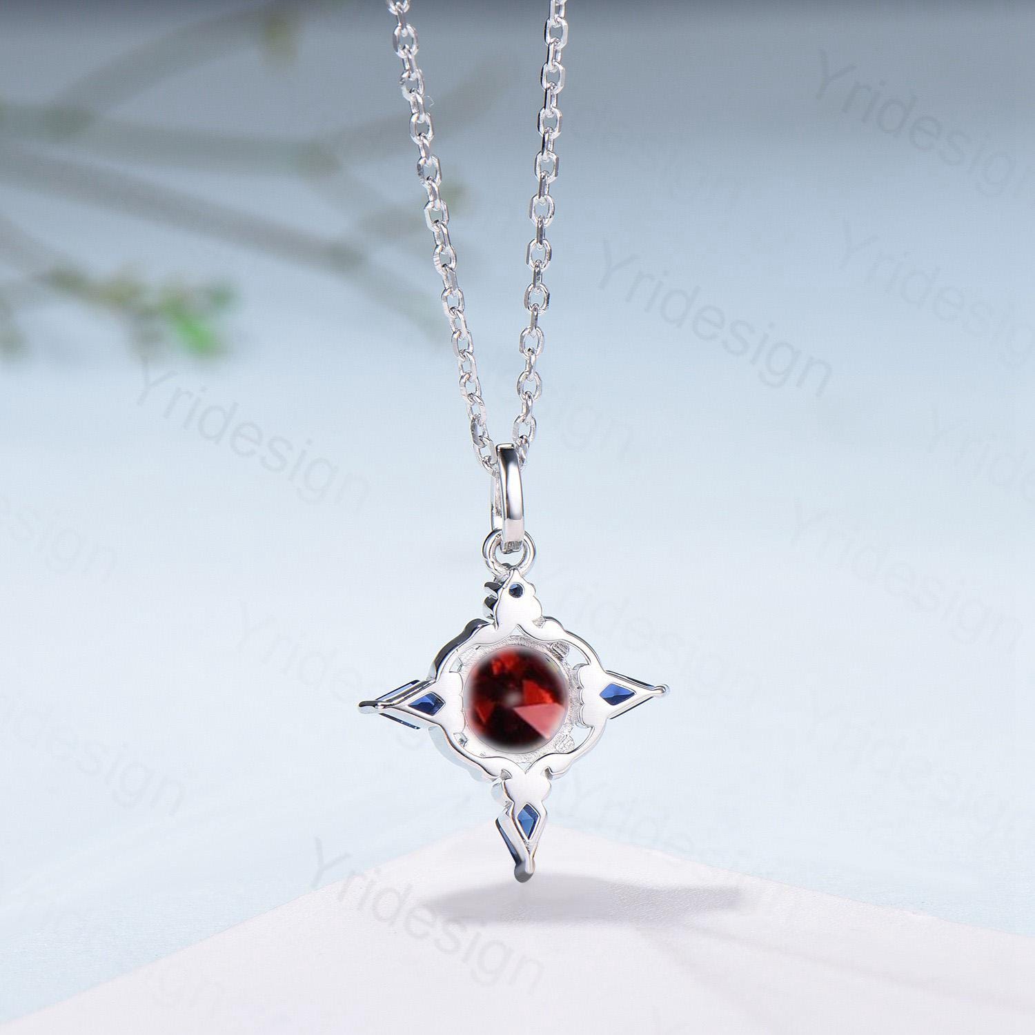 Unique Garnet Sapphire Pendant Necklace Celtic Knot Norse Viking Pendant 14K/18K White Gold Necklace Women Anniversary January Birthday Gift - PENFINE