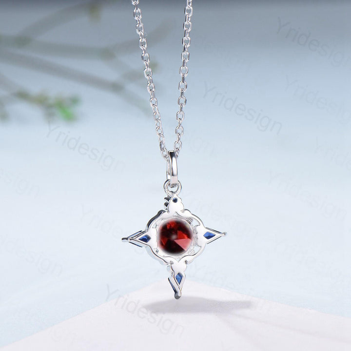 Unique Garnet Sapphire Pendant Necklace Celtic Knot Norse Viking Pendant 14K/18K White Gold Necklace Women Anniversary January Birthday Gift - PENFINE