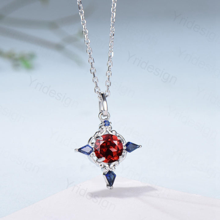 Unique Garnet Sapphire Pendant Necklace Celtic Knot Norse Viking Pendant 14K/18K White Gold Necklace Women Anniversary January Birthday Gift - PENFINE