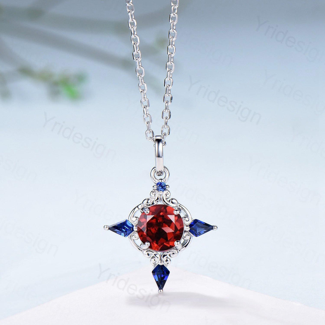 Unique Garnet Sapphire Pendant Necklace Celtic Knot Norse Viking Pendant 14K/18K White Gold Necklace Women Anniversary January Birthday Gift - PENFINE