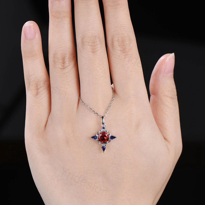 Unique Garnet Sapphire Pendant Necklace Celtic Knot Norse Viking Pendant 14K/18K White Gold Necklace Women Anniversary January Birthday Gift - PENFINE