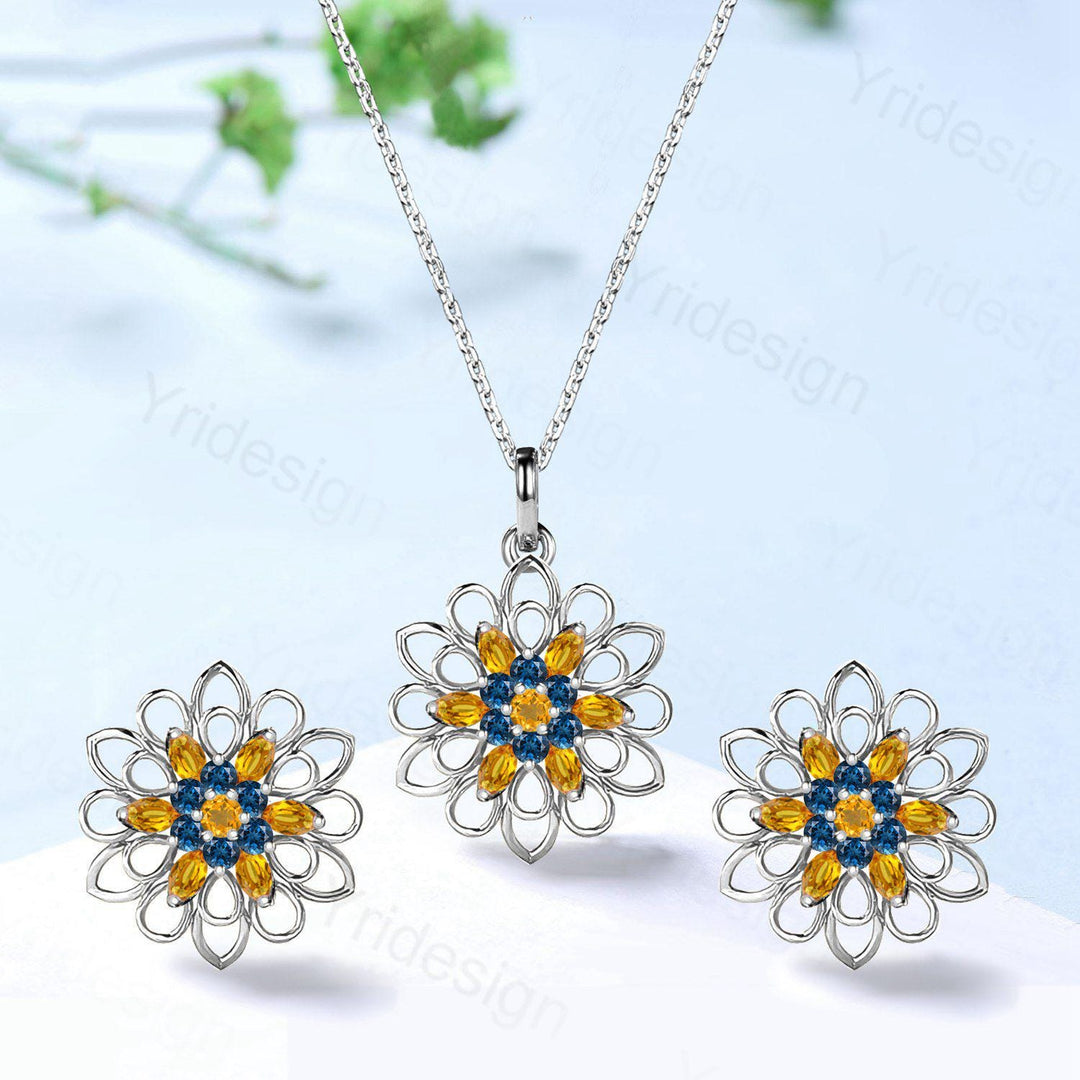 Unique SunFlower Necklace & Earrings, London Blue Topaz Citrine Pendant Stud Earrings, November Birthstone Anniversary Gifts For Women - PENFINE