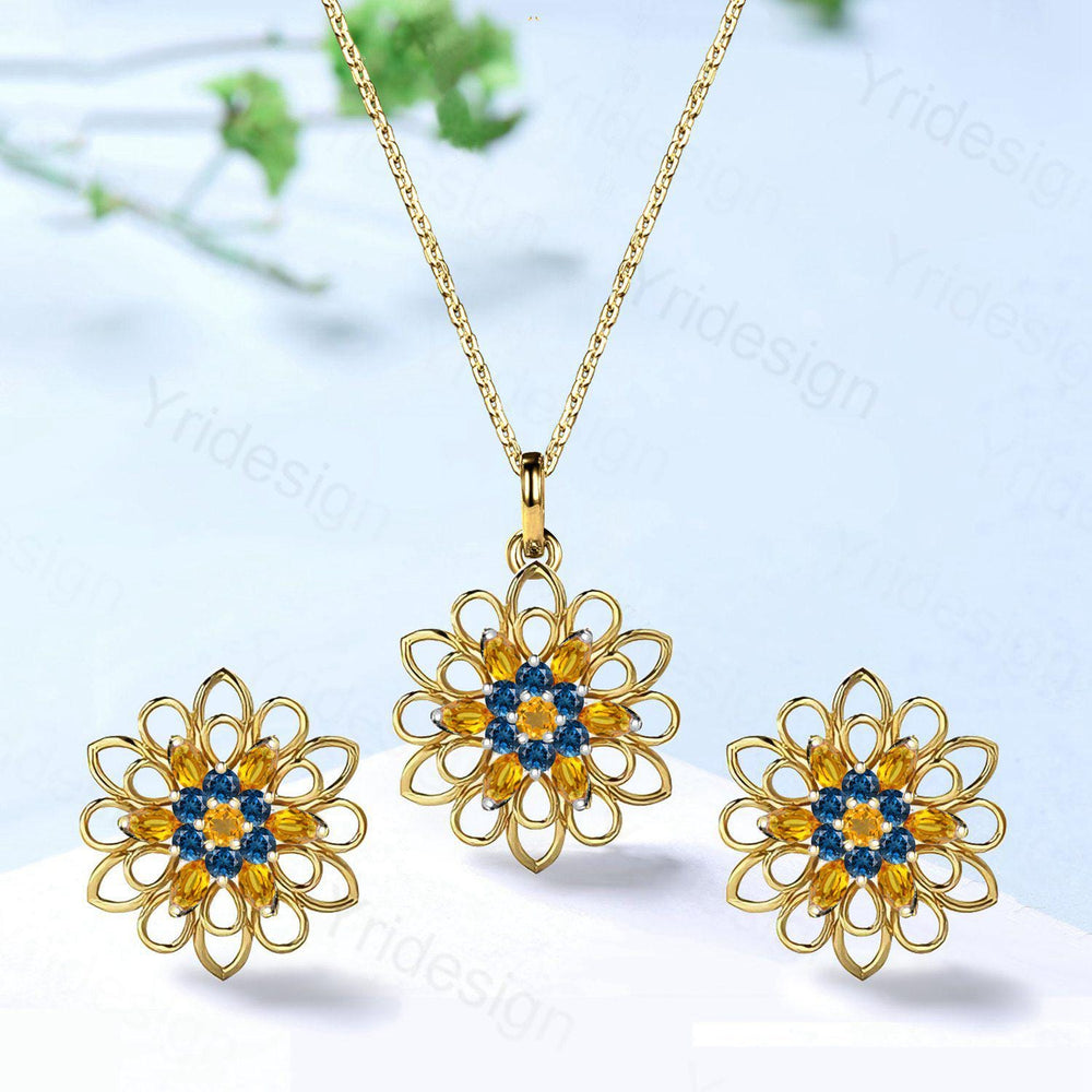 Unique SunFlower Necklace & Earrings, London Blue Topaz Citrine Pendant Stud Earrings, November Birthstone Anniversary Gifts For Women - PENFINE