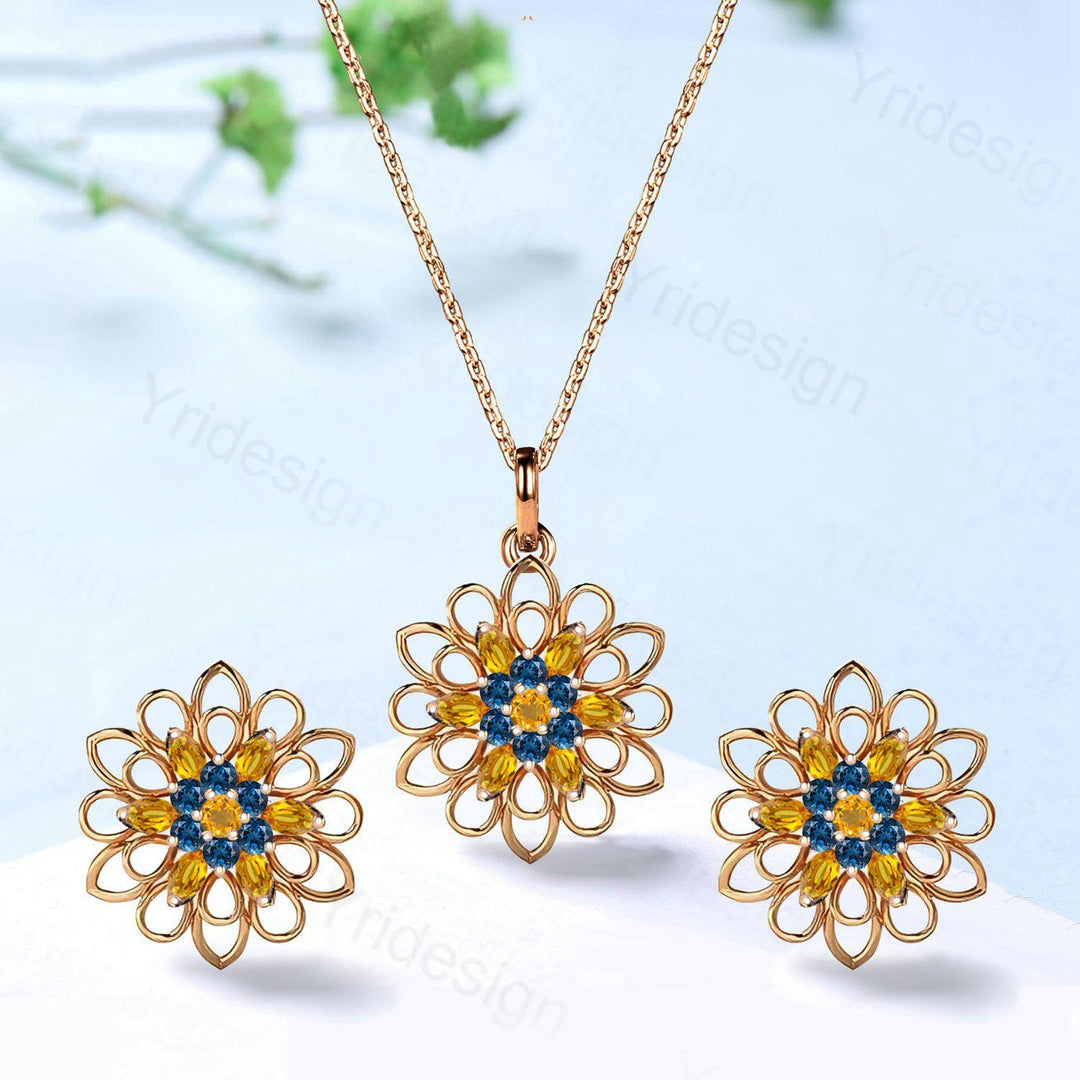 Unique SunFlower Necklace & Earrings, London Blue Topaz Citrine Pendant Stud Earrings, November Birthstone Anniversary Gifts For Women - PENFINE