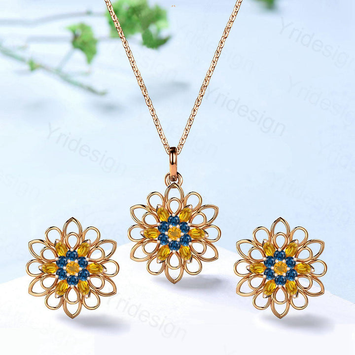 Unique SunFlower Necklace & Earrings, London Blue Topaz Citrine Pendant Stud Earrings, November Birthstone Anniversary Gifts For Women - PENFINE