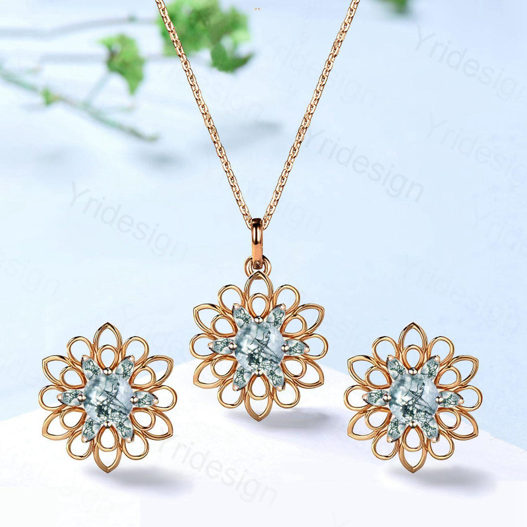Unique SunFlower Moss Agate Necklace & Earrings, Green Gemstone Pendant Stud Earrings,May Birthstone Anniversary Promise Gifts For Women - PENFINE