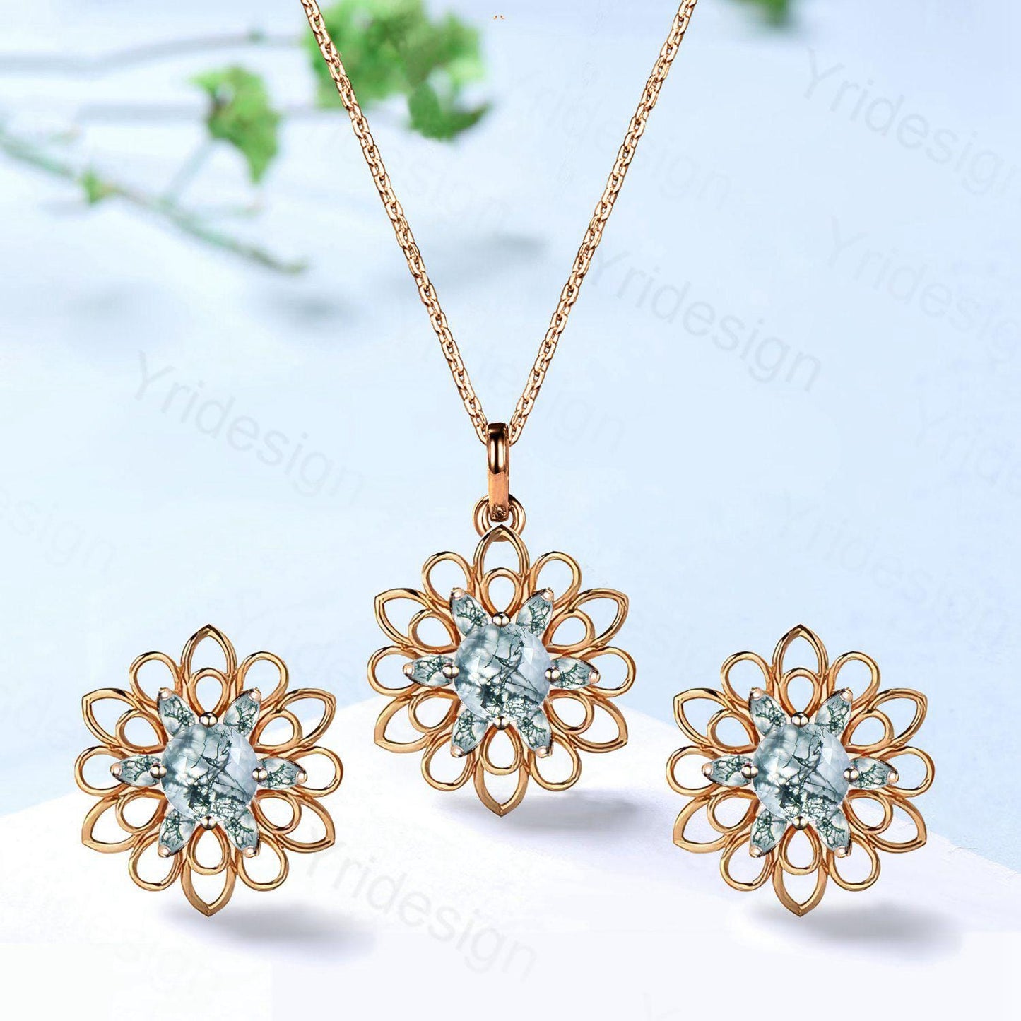 Unique SunFlower Moss Agate Necklace & Earrings, Green Gemstone Pendant Stud Earrings,May Birthstone Anniversary Promise Gifts For Women - PENFINE