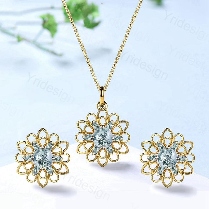 Unique SunFlower Moss Agate Necklace & Earrings, Green Gemstone Pendant Stud Earrings,May Birthstone Anniversary Promise Gifts For Women - PENFINE