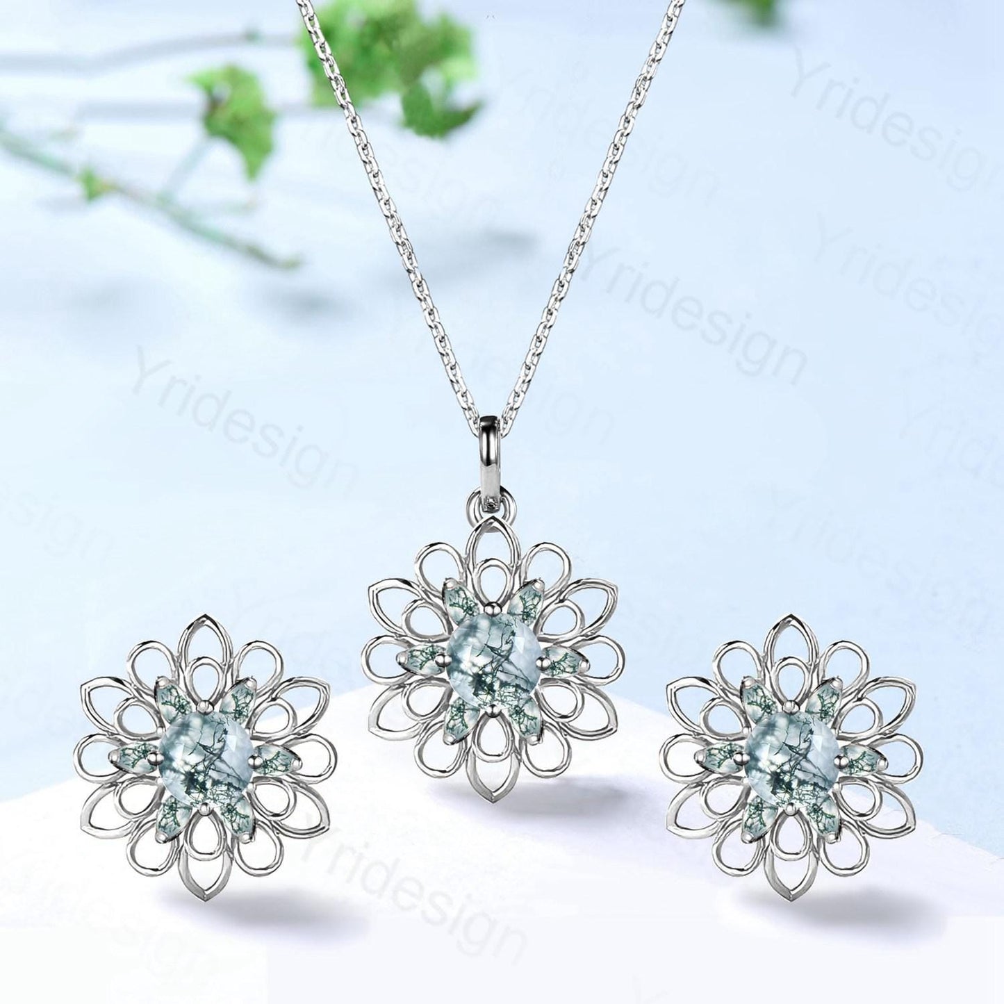 Unique SunFlower Moss Agate Necklace & Earrings, Green Gemstone Pendant Stud Earrings,May Birthstone Anniversary Promise Gifts For Women - PENFINE