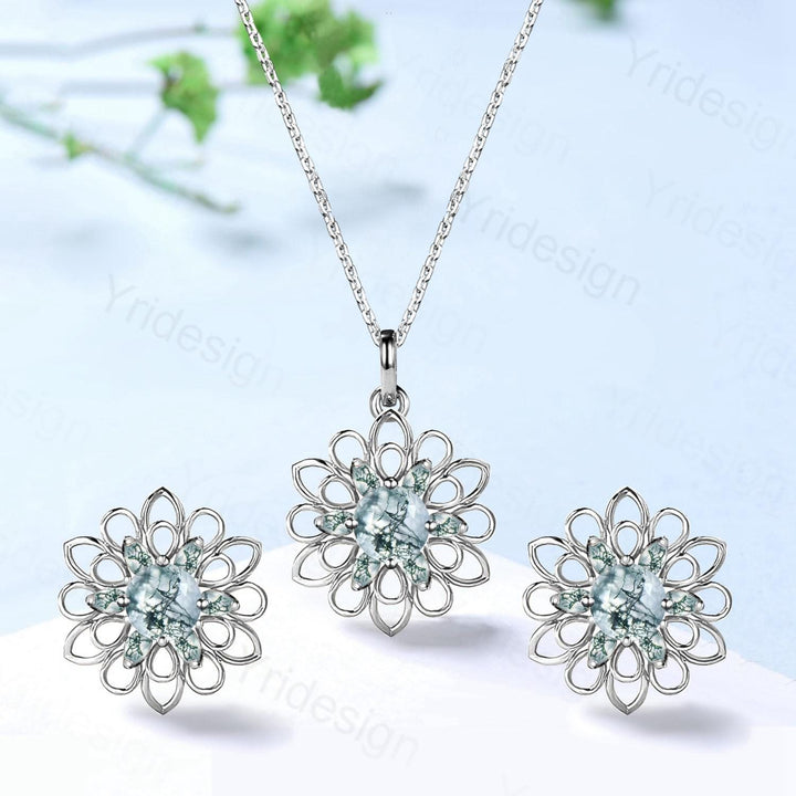Unique SunFlower Moss Agate Necklace & Earrings, Green Gemstone Pendant Stud Earrings,May Birthstone Anniversary Promise Gifts For Women - PENFINE