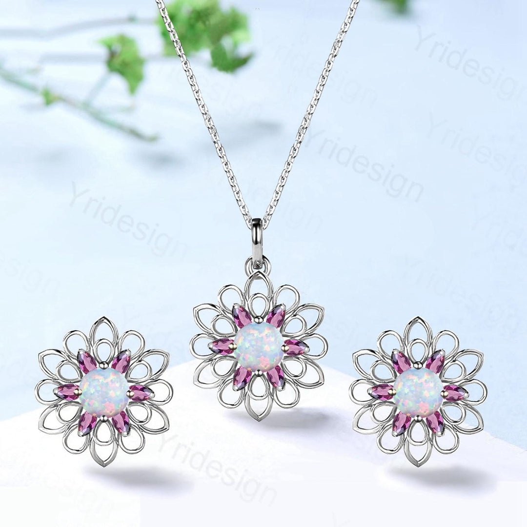 Unique SunFlower Opal Necklace & Earrings, Amethyst Pendant Stud Earrings, October Birthstone Anniversary Gifts Women Norse Viking Jewelry - PENFINE