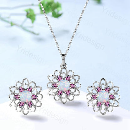 Unique SunFlower Opal Necklace & Earrings, Amethyst Pendant Stud Earrings, October Birthstone Anniversary Gifts Women Norse Viking Jewelry - PENFINE