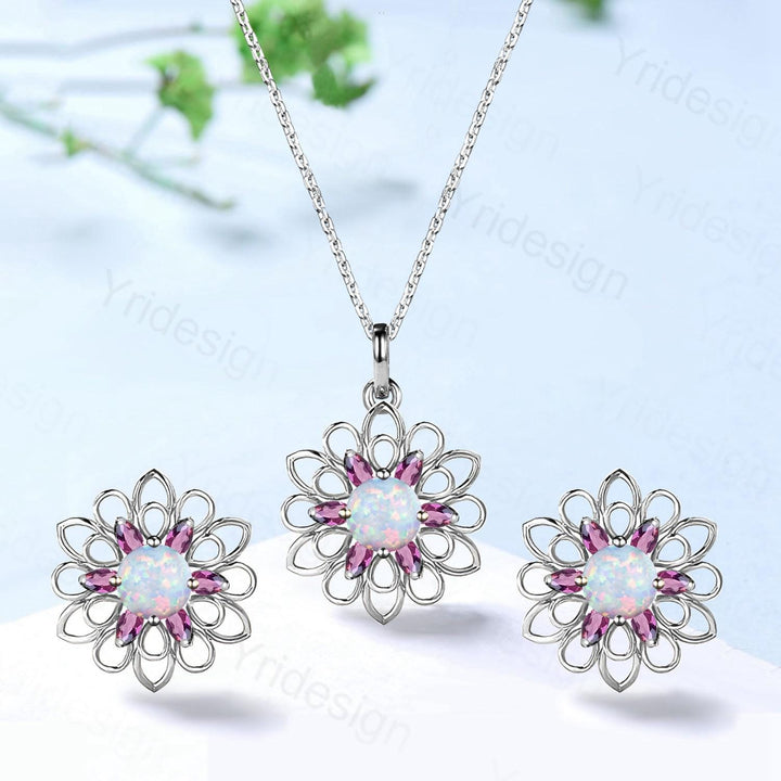 Unique SunFlower Opal Necklace & Earrings, Amethyst Pendant Stud Earrings, October Birthstone Anniversary Gifts Women Norse Viking Jewelry - PENFINE
