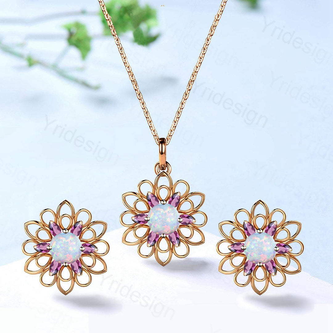 Unique SunFlower Opal Necklace & Earrings, Amethyst Pendant Stud Earrings, October Birthstone Anniversary Gifts Women Norse Viking Jewelry - PENFINE