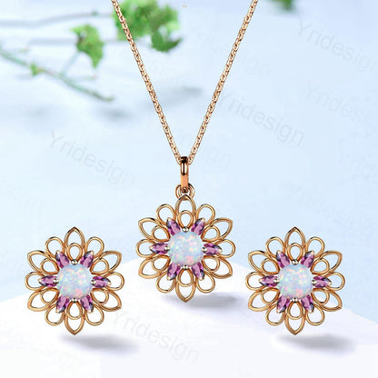 Unique SunFlower Opal Necklace & Earrings, Amethyst Pendant Stud Earrings, October Birthstone Anniversary Gifts Women Norse Viking Jewelry - PENFINE